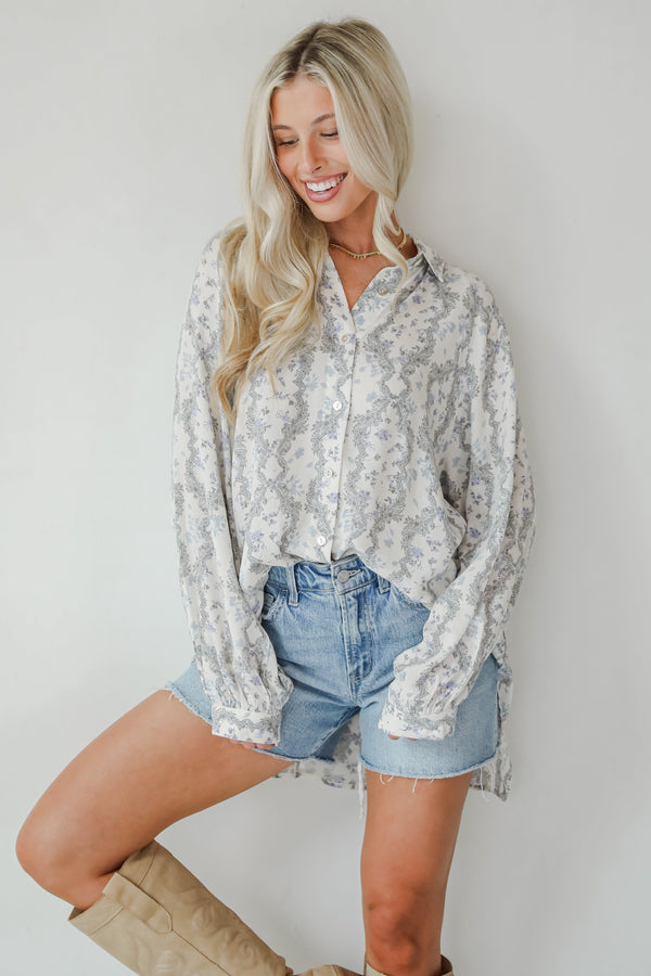Divine Beauty Ivory Floral Button-Up Blouse